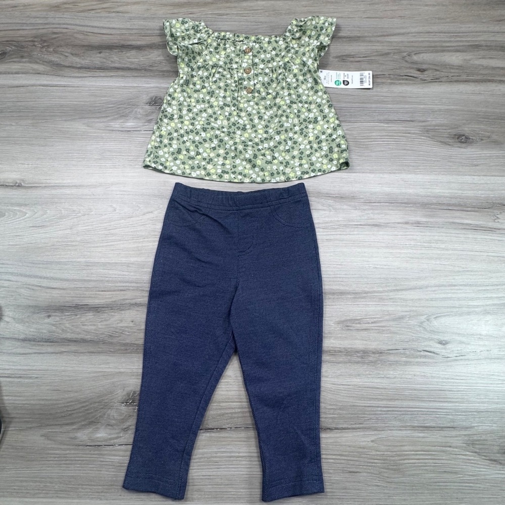 Carters 18M Girls Floral Flutter Sleeve Top and Leggings 2-Piece Set Green Blue